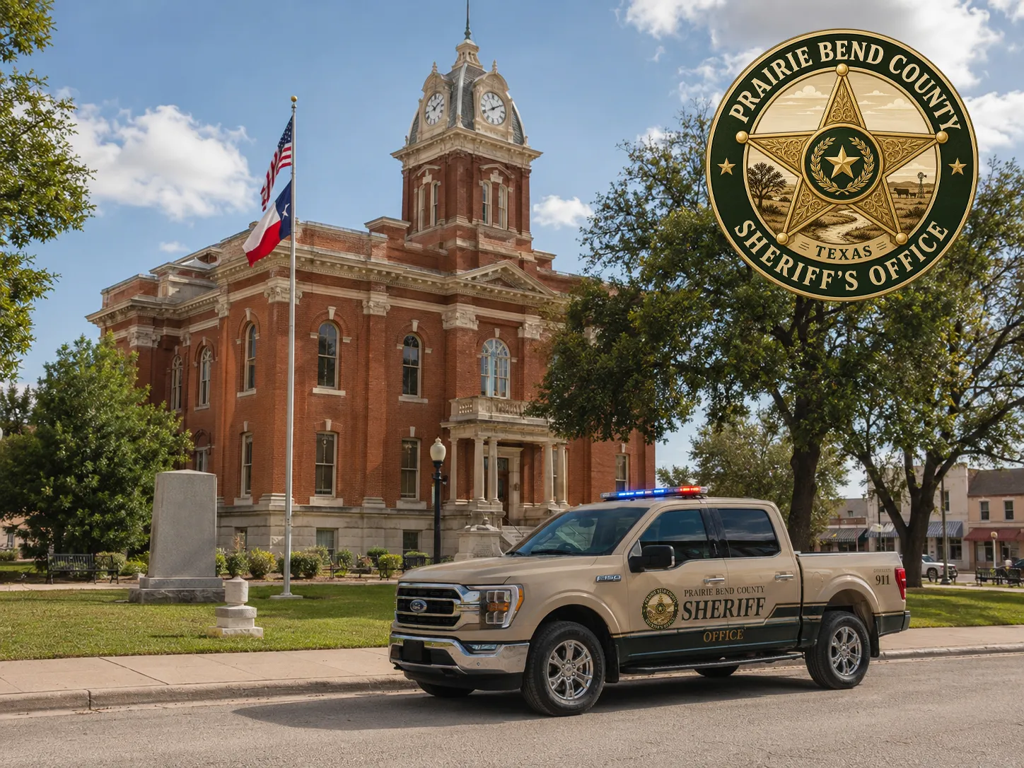 Prairie Bend County Sheriff logo and County Courthouse