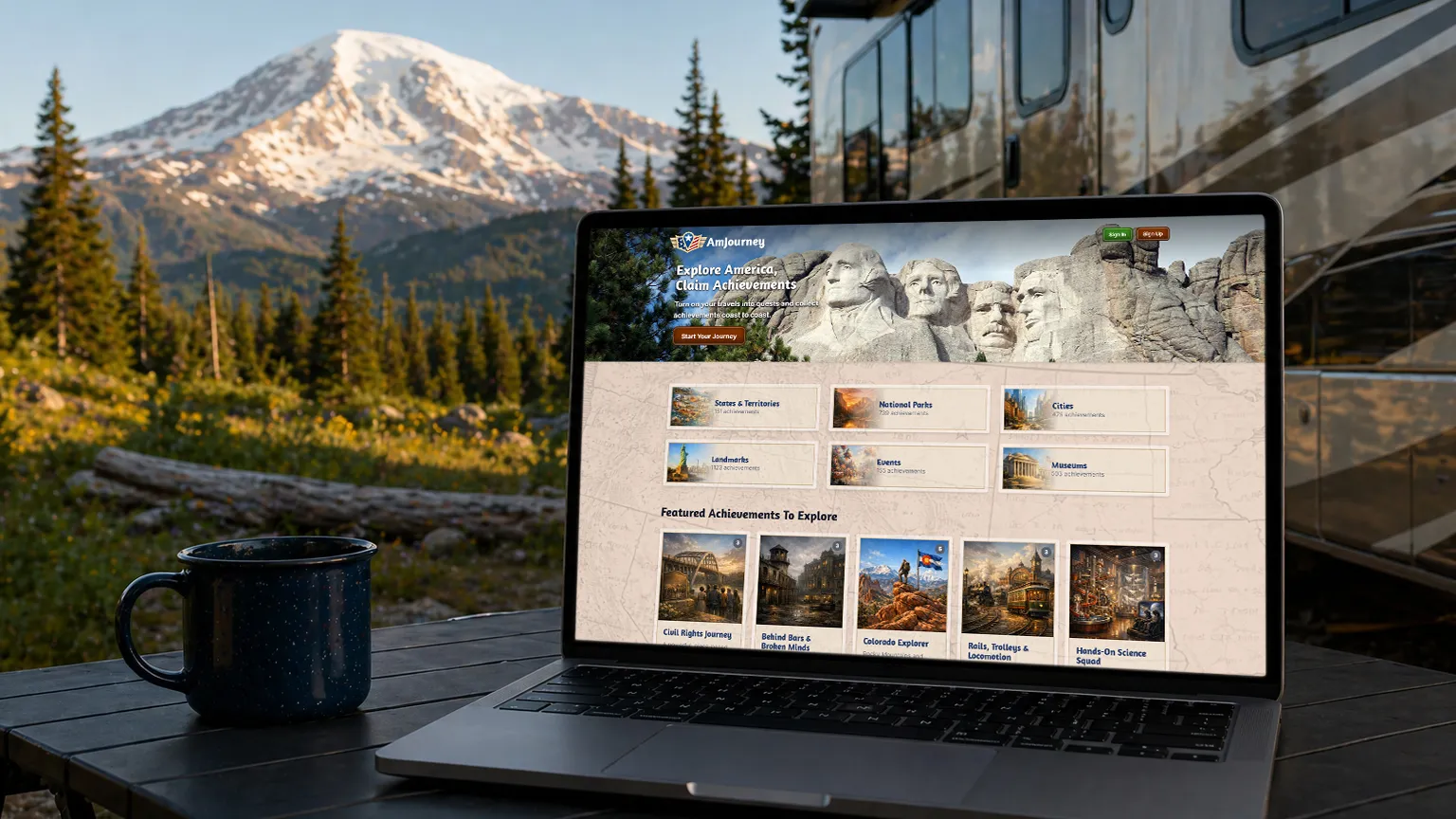 AmJourney travel achievement platform interface