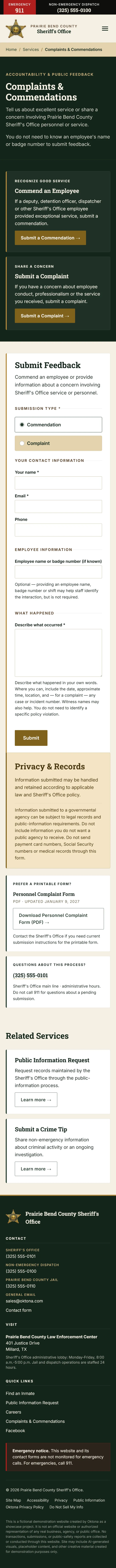 Mobile version of Complaints and Commendations page