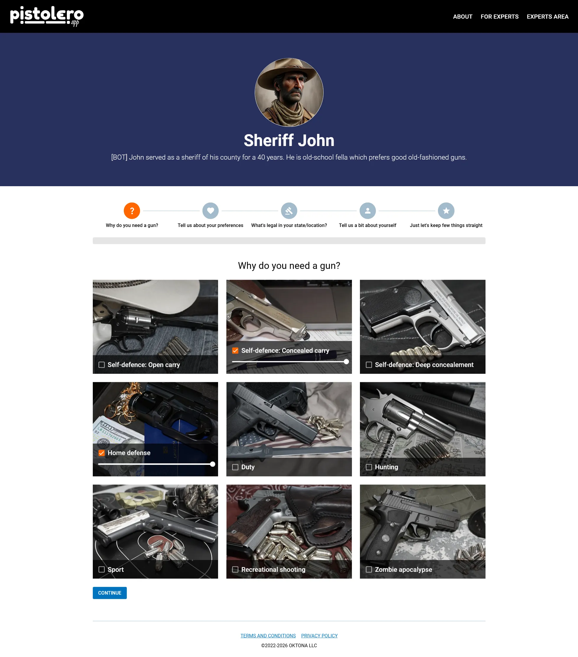 Pistolero.app expert page interface