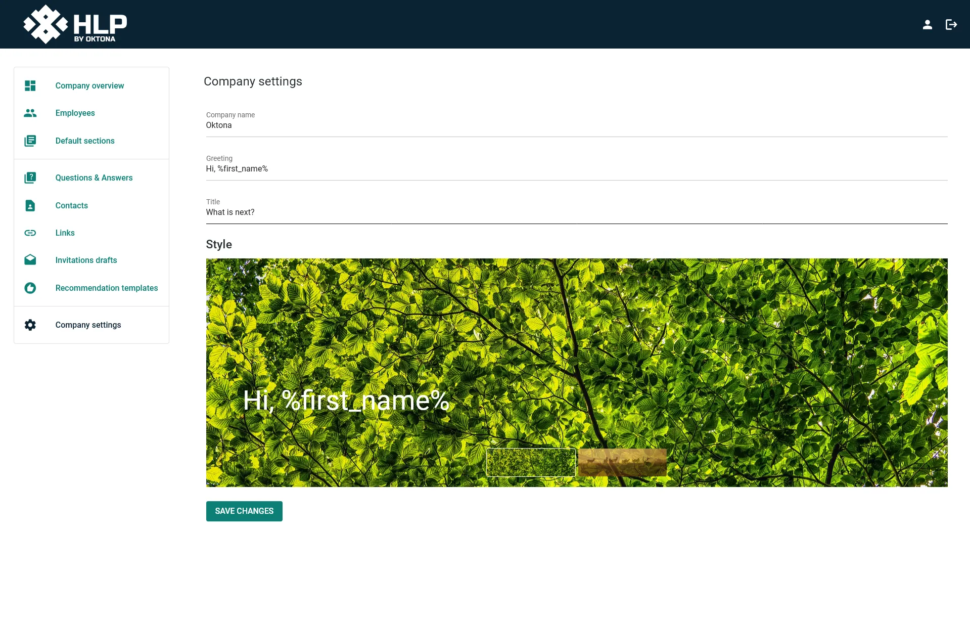 HLP organization settings page