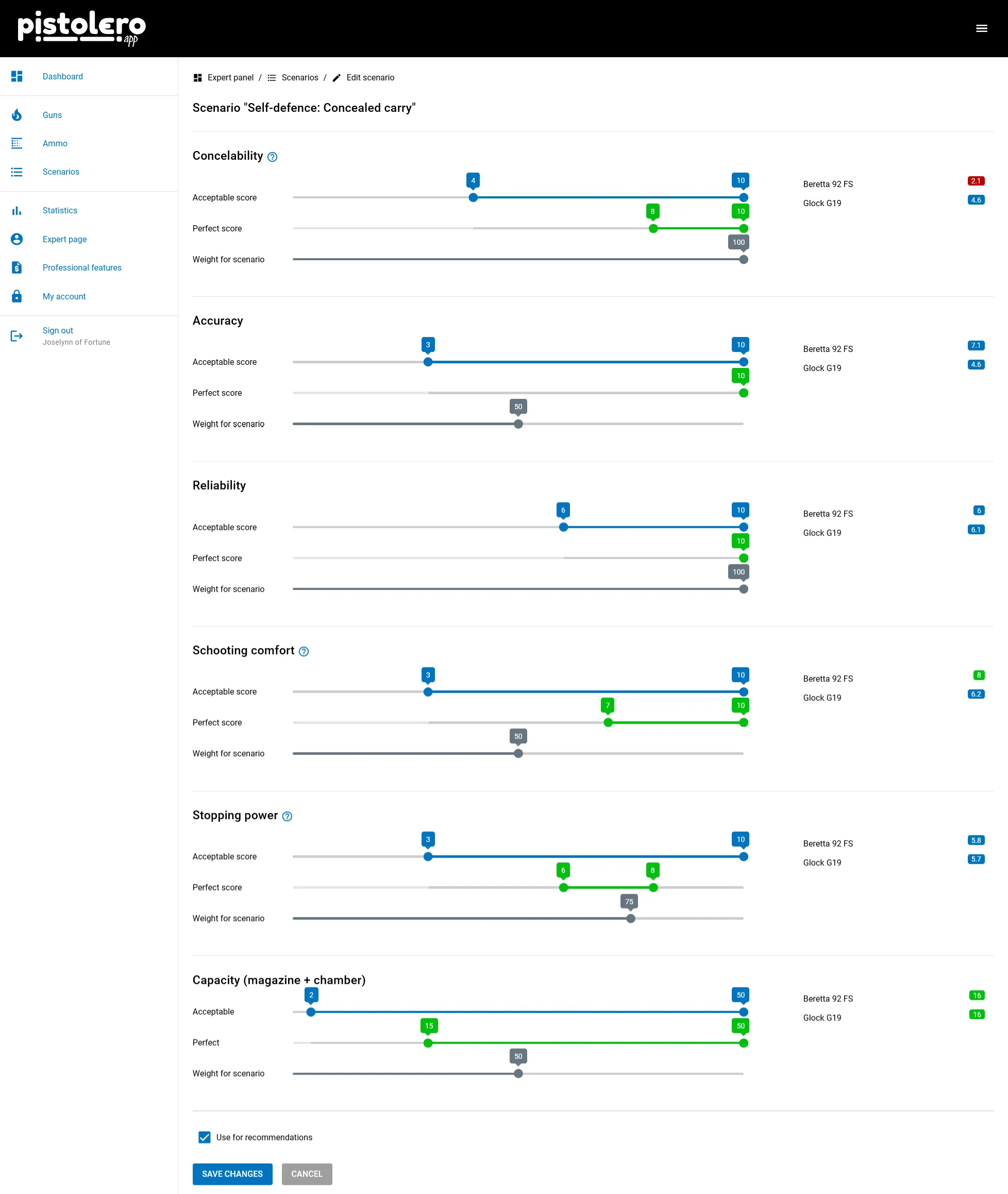 Pistolero.app scenario configuration interface