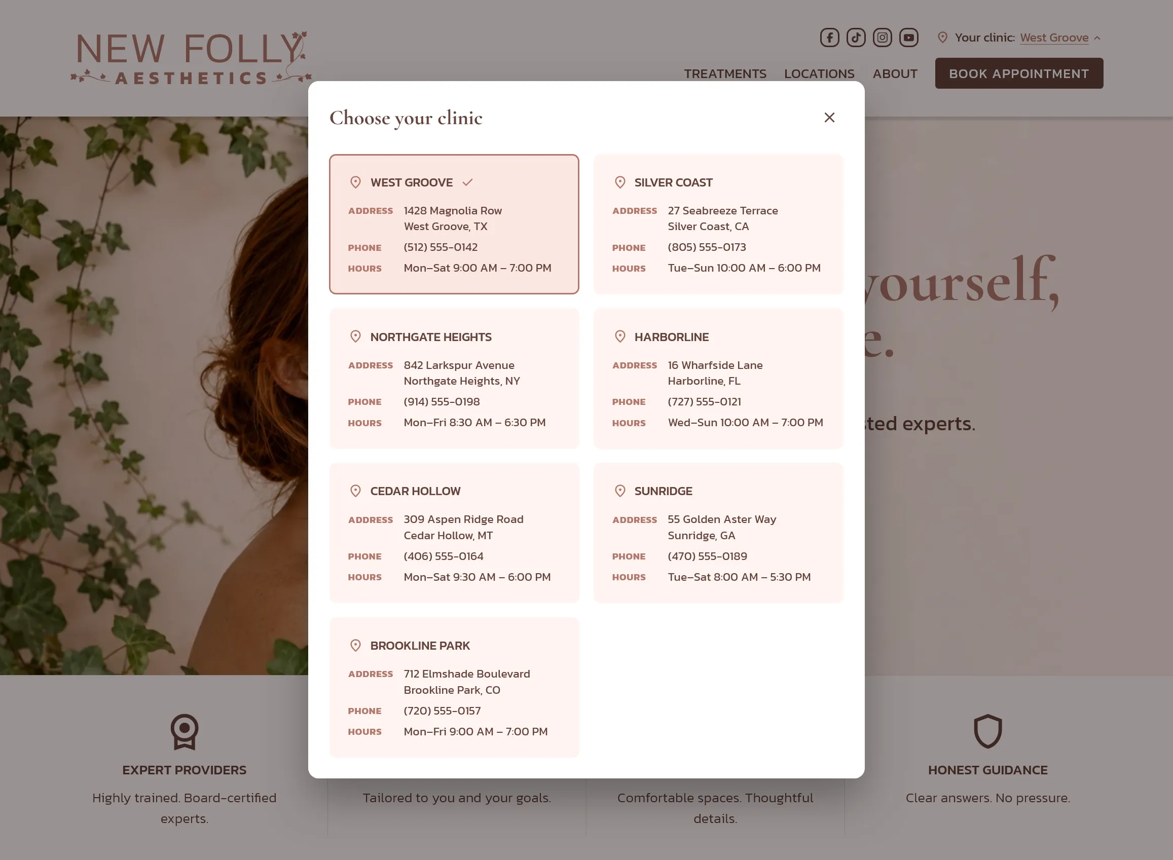 Location selector modal window