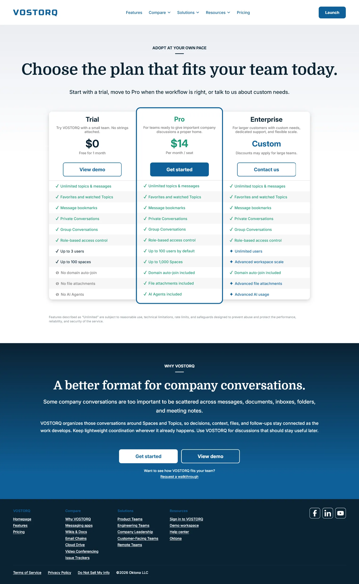 VOSTORQ website pricing page